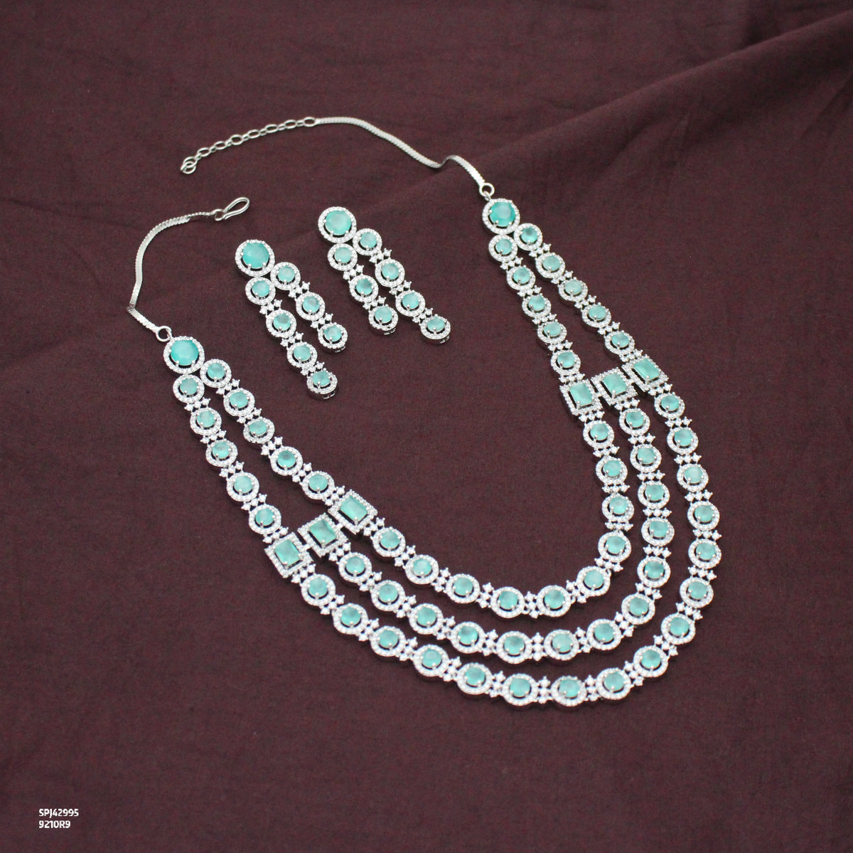 Premium 3 Layers Square Stone Platinum Mint Green Short Necklace Set With Push Back Earrings 42995