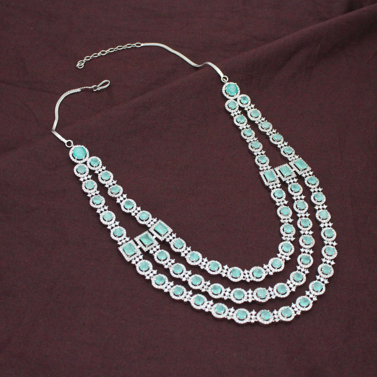 Premium 3 Layers Square Stone Platinum Mint Green Short Necklace Set With Push Back Earrings 42995