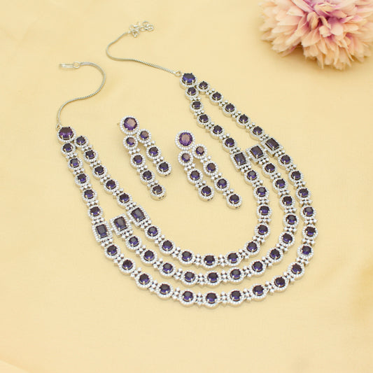 Premium 3 Layers Square Stone Platinum Purple Short Necklace Set With Push Back Earrings 42996
