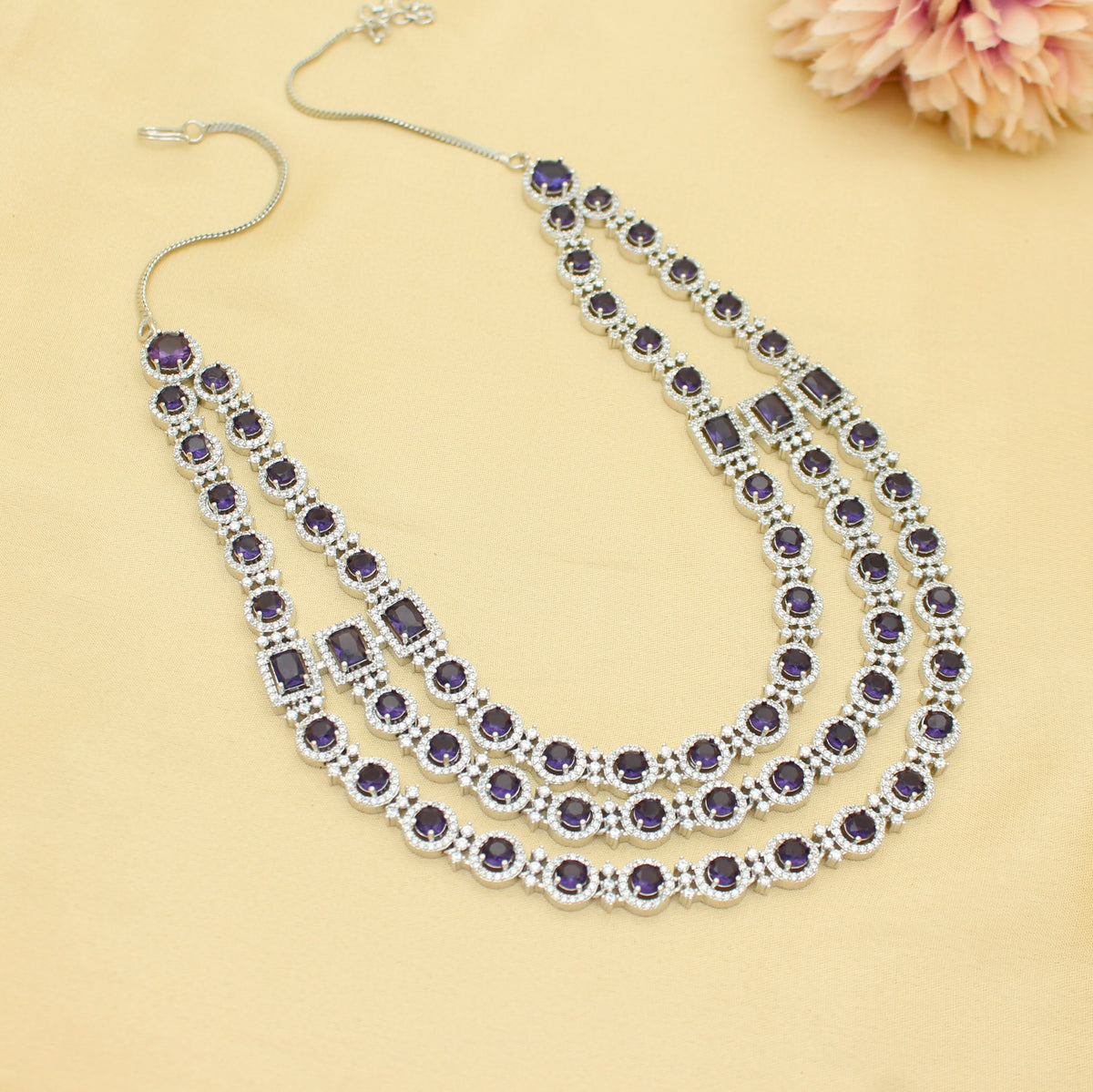 Premium 3 Layers Square Stone Platinum Purple Short Necklace Set With Push Back Earrings 42996