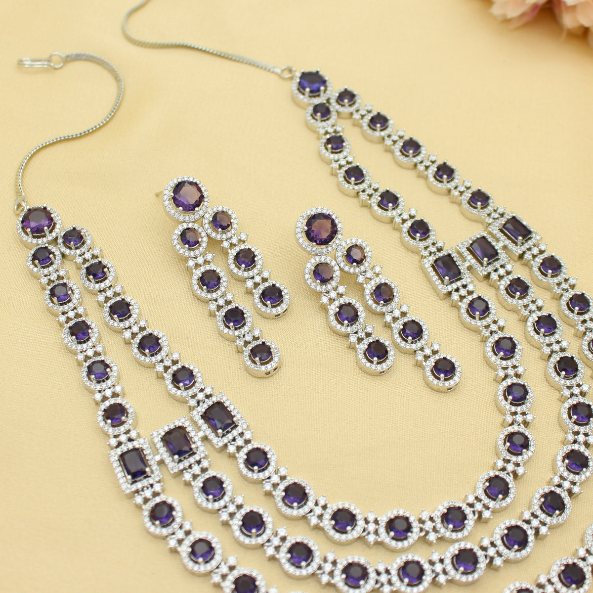 Premium 3 Layers Square Stone Platinum Purple Short Necklace Set With Push Back Earrings 42996