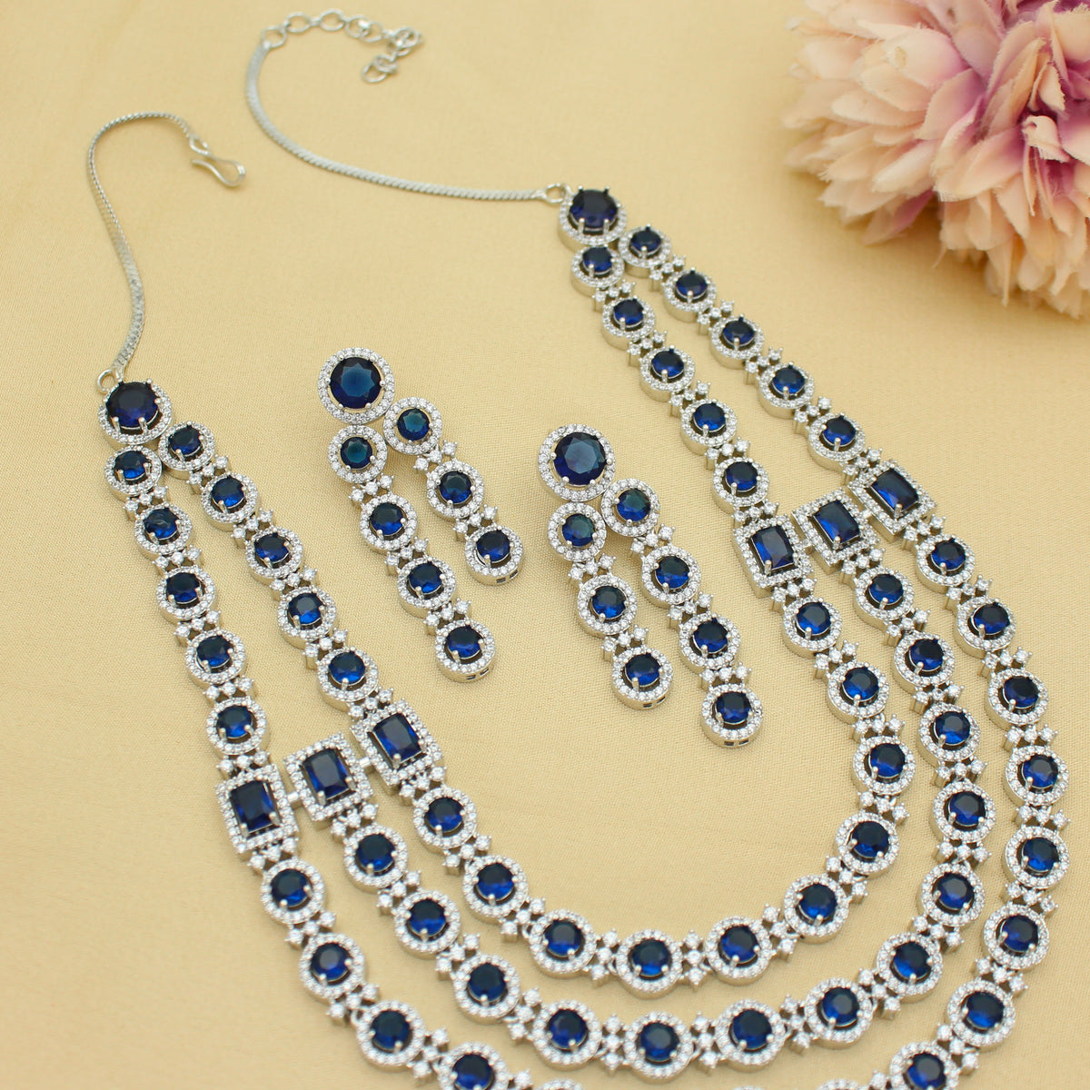 Premium 3 Layers Square Stone Platinum Blue Short Necklace Set With Push Back Earrings 42997