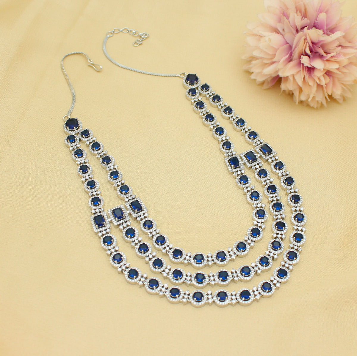Premium 3 Layers Square Stone Platinum Blue Short Necklace Set With Push Back Earrings 42997