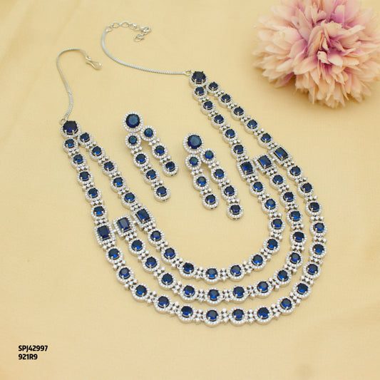 Premium 3 Layers Square Stone Platinum Blue Short Necklace Set With Push Back Earrings 42997