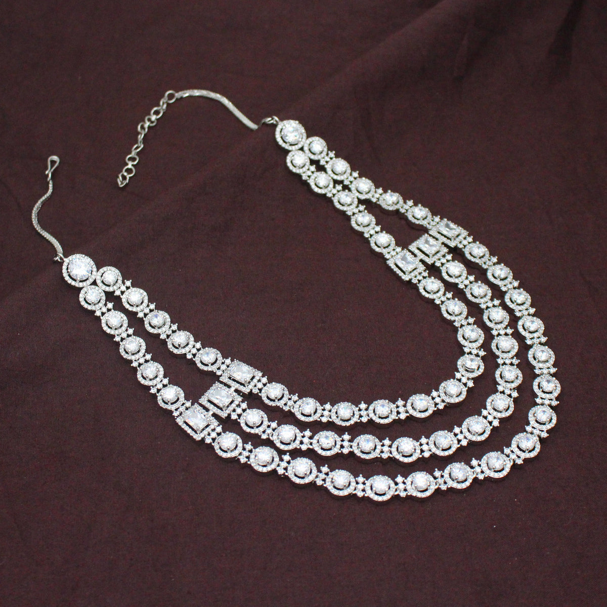 Premium 3 Layers Square Stone Platinum Full White Short Necklace Set With Push Back Earrings 42993