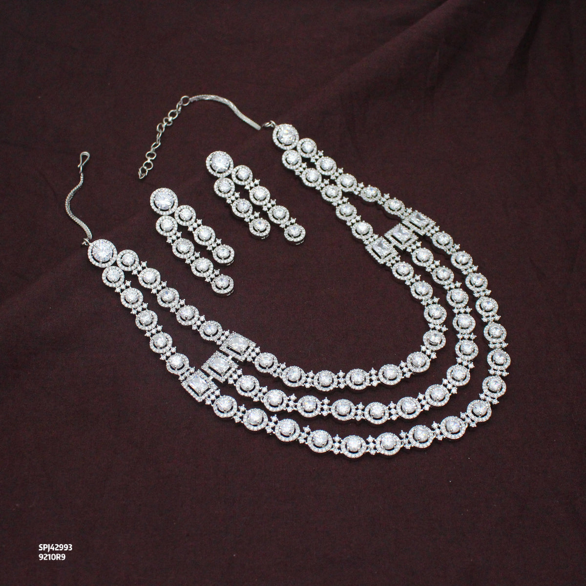 Premium 3 Layers Square Stone Platinum Full White Short Necklace Set With Push Back Earrings 42993