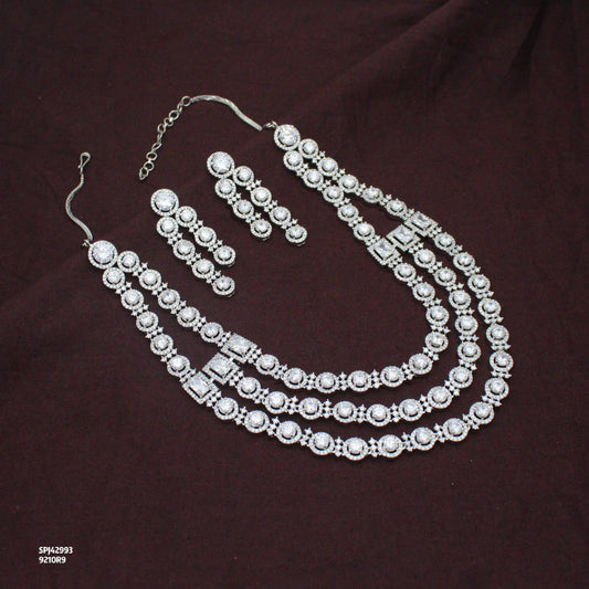 Premium 3 Layers Square Stone Platinum Full White Short Necklace Set With Push Back Earrings 42993