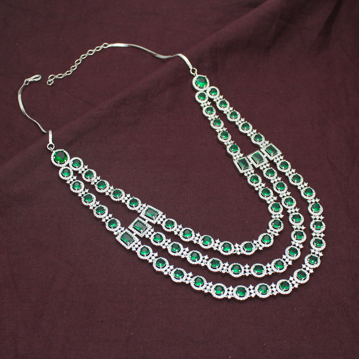 Premium 3 Layers Square Stone Platinum Emerald Green Short Necklace Set With Push Back Earrings 42992