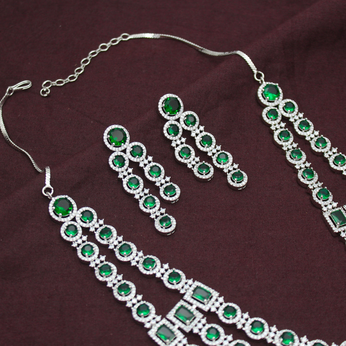 Premium 3 Layers Square Stone Platinum Emerald Green Short Necklace Set With Push Back Earrings 42992