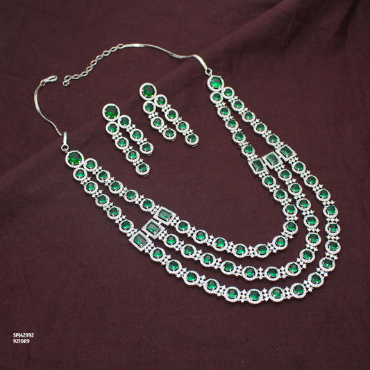 Premium 3 Layers Square Stone Platinum Emerald Green Short Necklace Set With Push Back Earrings 42992