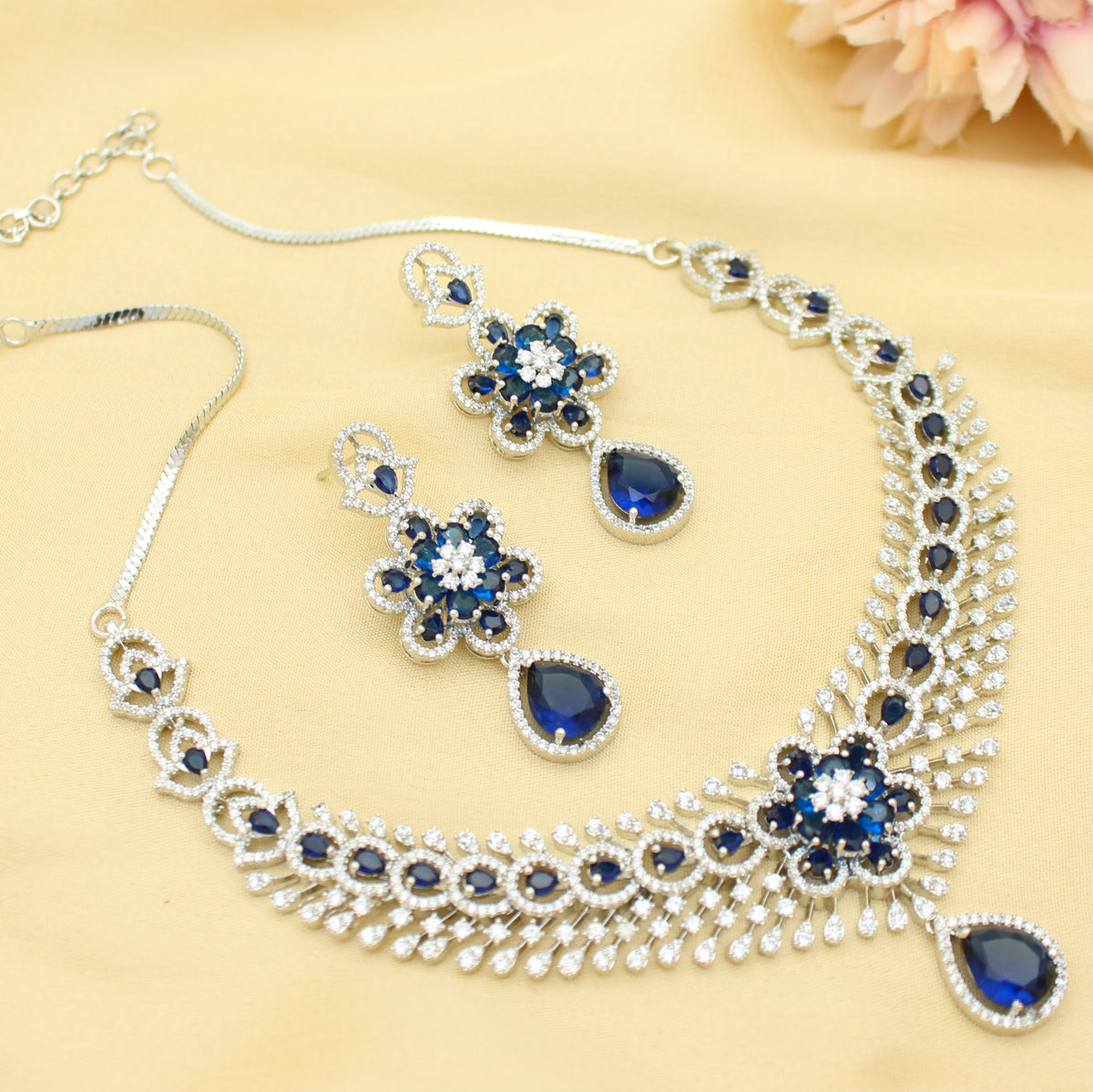 Elegant Platinum Floral Drop Stone Blue Fancy Short Necklace Set With Push Back Statement Earrings Party Wear Jewellery 43006
