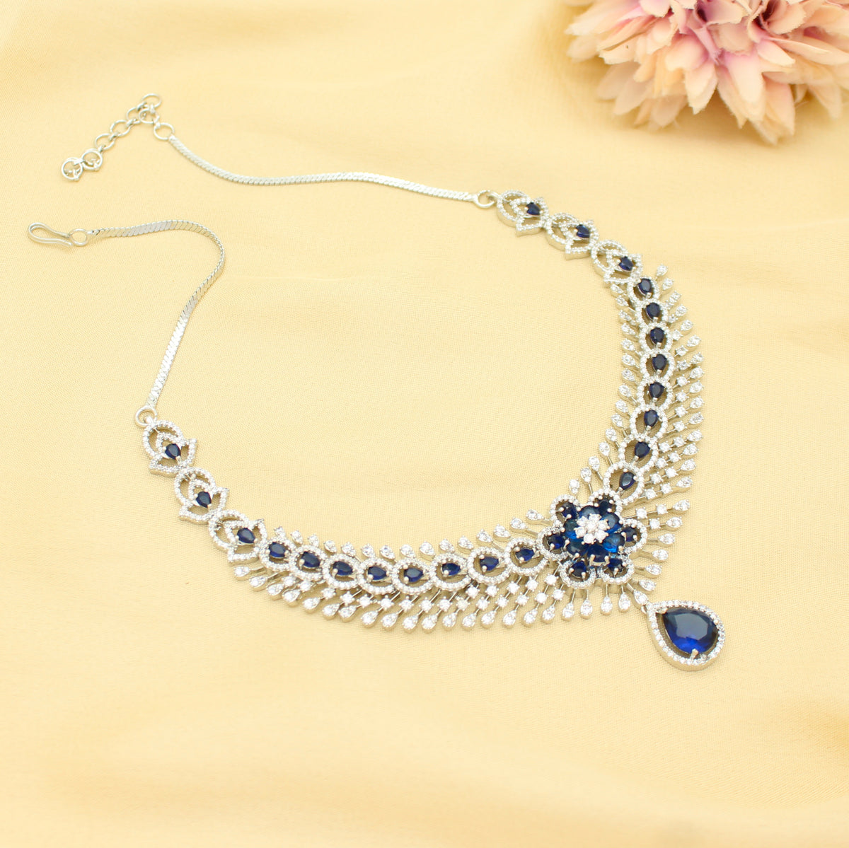 Elegant Platinum Floral Drop Stone Blue Fancy Short Necklace Set With Push Back Statement Earrings Party Wear Jewellery 43006