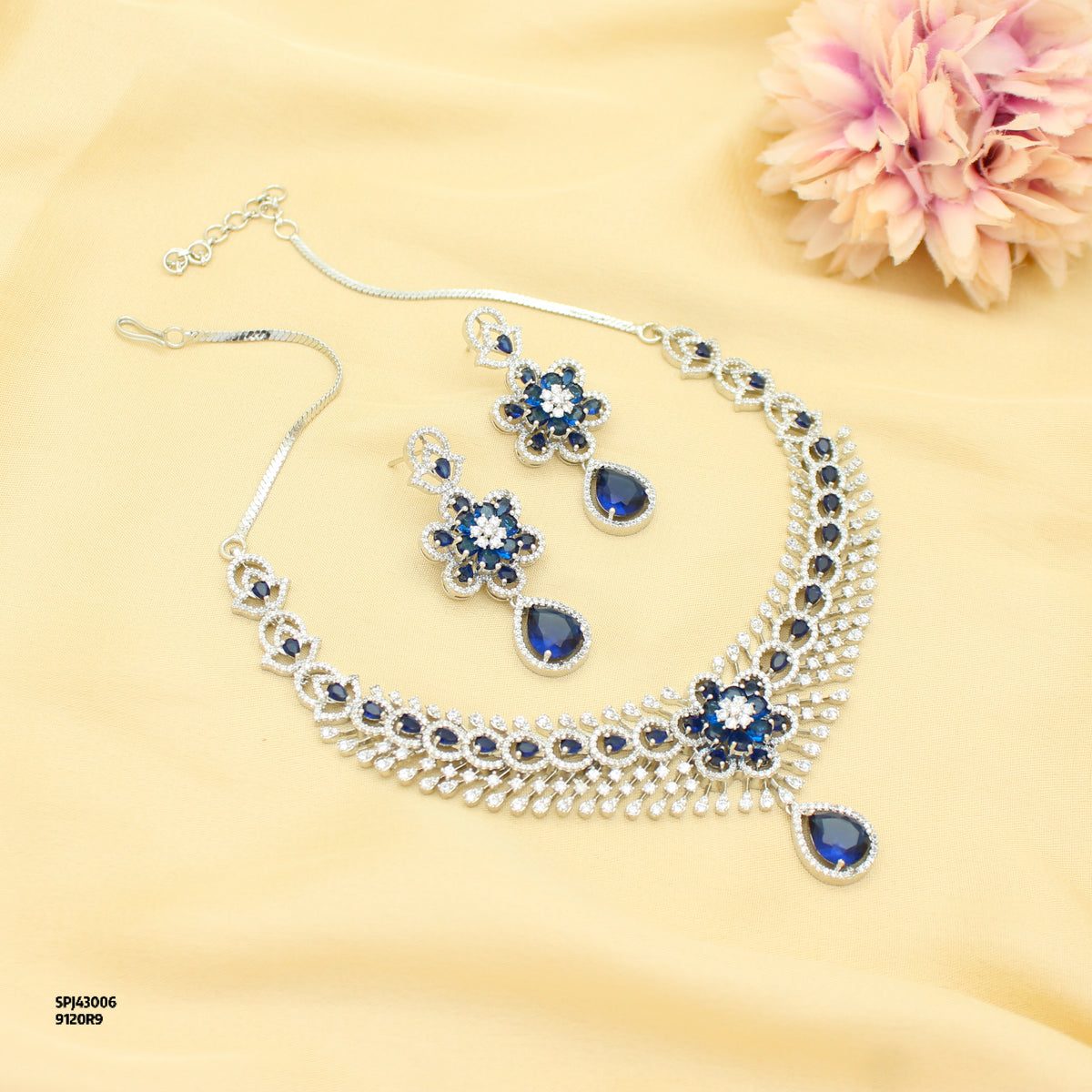 Elegant Platinum Floral Drop Stone Blue Fancy Short Necklace Set With Push Back Statement Earrings Party Wear Jewellery 43006