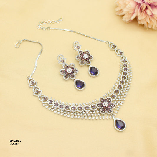 Elegant Platinum Floral Drop Stone Purple Fancy Short Necklace Set With Push Back Statement Earrings Party Wear Jewellery 43004