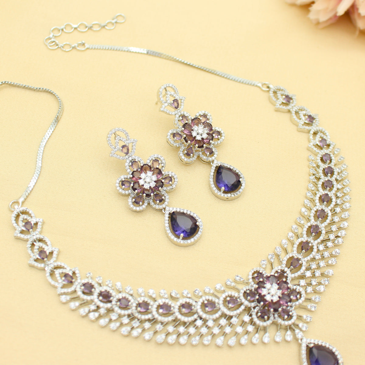 Elegant Platinum Floral Drop Stone Purple Fancy Short Necklace Set With Push Back Statement Earrings Party Wear Jewellery 43004