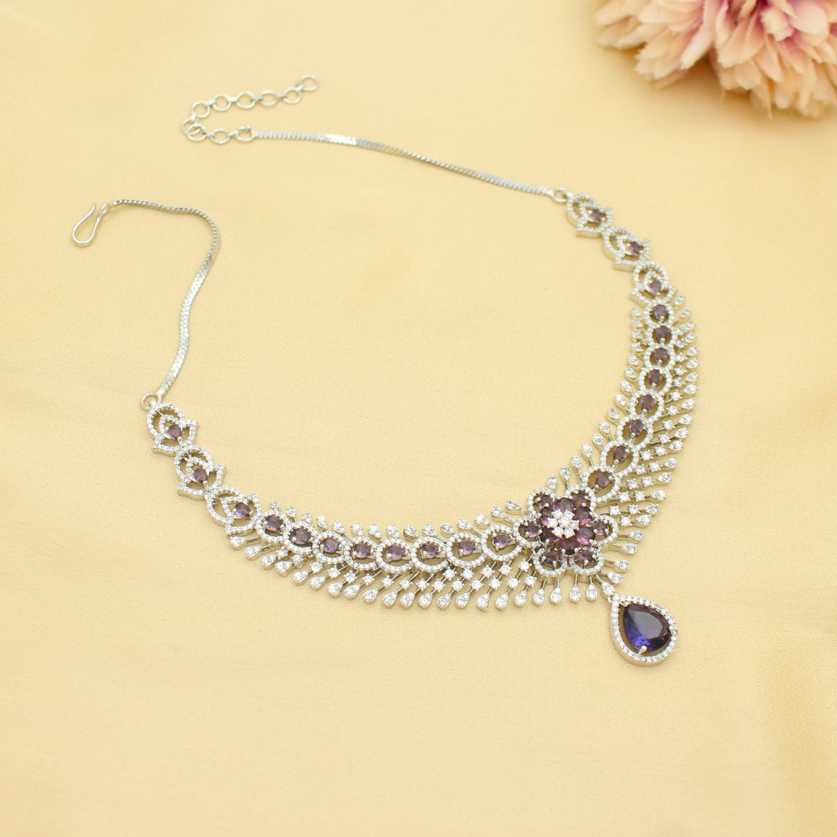Elegant Platinum Floral Drop Stone Purple Fancy Short Necklace Set With Push Back Statement Earrings Party Wear Jewellery 43004