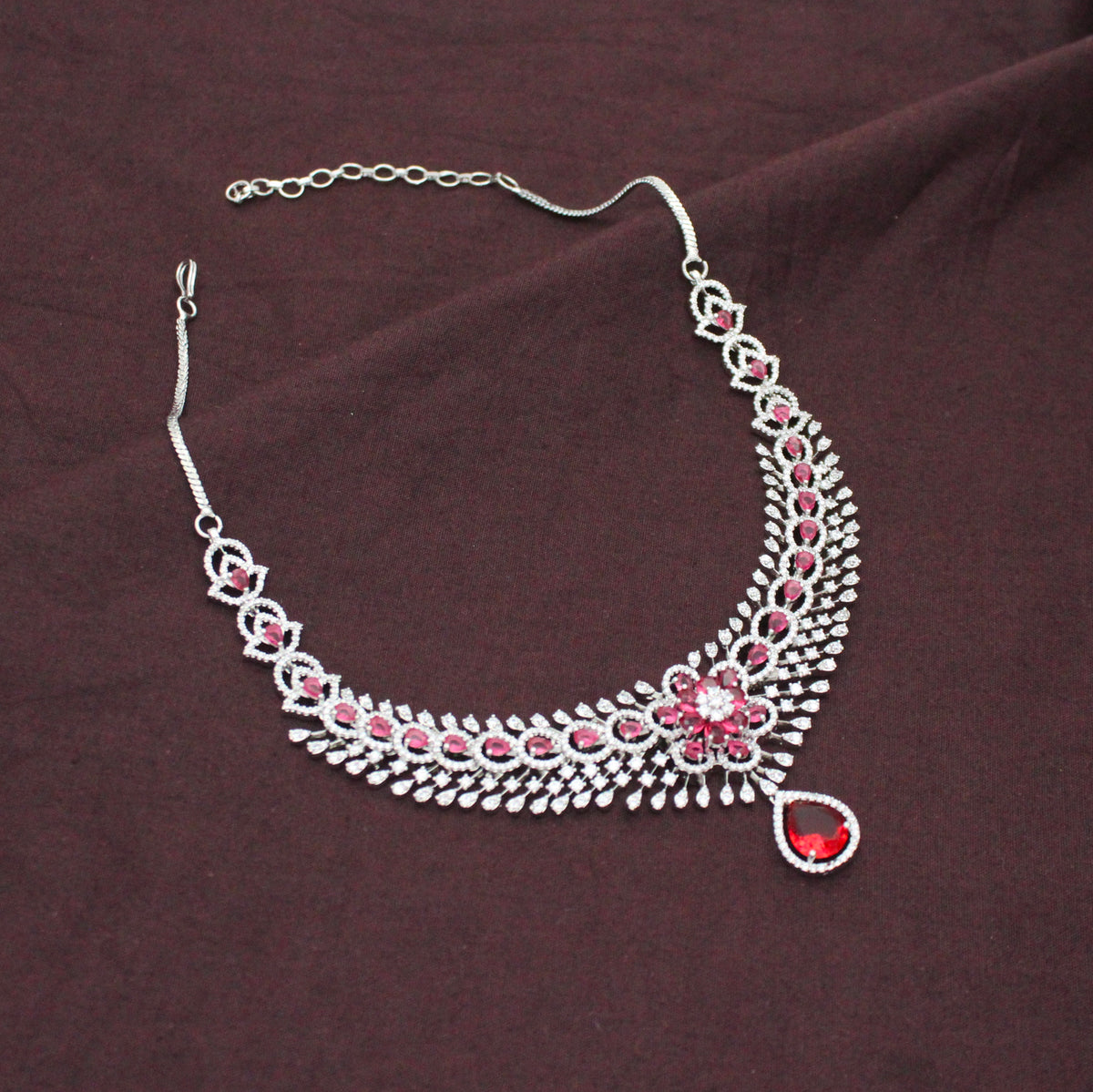 Elegant Platinum Floral Drop Stone Red Fancy Short Necklace Set With Push Back Statement Earrings Party Wear Jewellery 42999