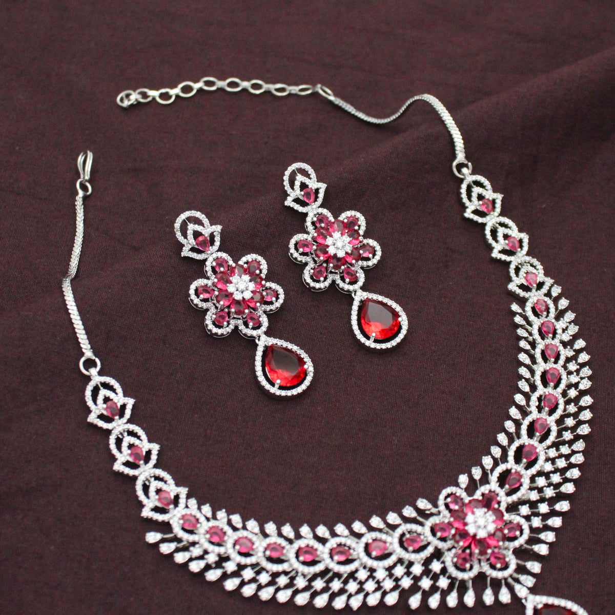 Elegant Platinum Floral Drop Stone Red Fancy Short Necklace Set With Push Back Statement Earrings Party Wear Jewellery 42999