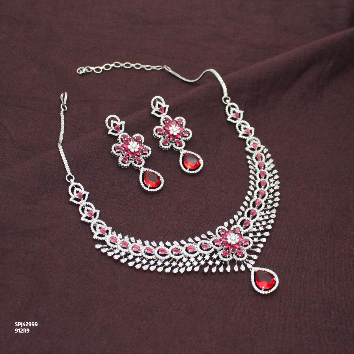 Elegant Platinum Floral Drop Stone Red Fancy Short Necklace Set With Push Back Statement Earrings Party Wear Jewellery 42999