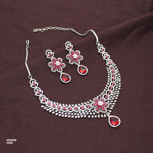 Elegant Platinum Floral Drop Stone Red Fancy Short Necklace Set With Push Back Statement Earrings Party Wear Jewellery 42999