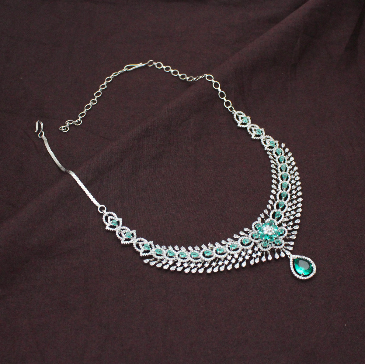 Elegant Platinum Floral Drop Stone Rama Green Fancy Short Necklace Set With Push Back Statement Earrings Party Wear Jewellery 43005