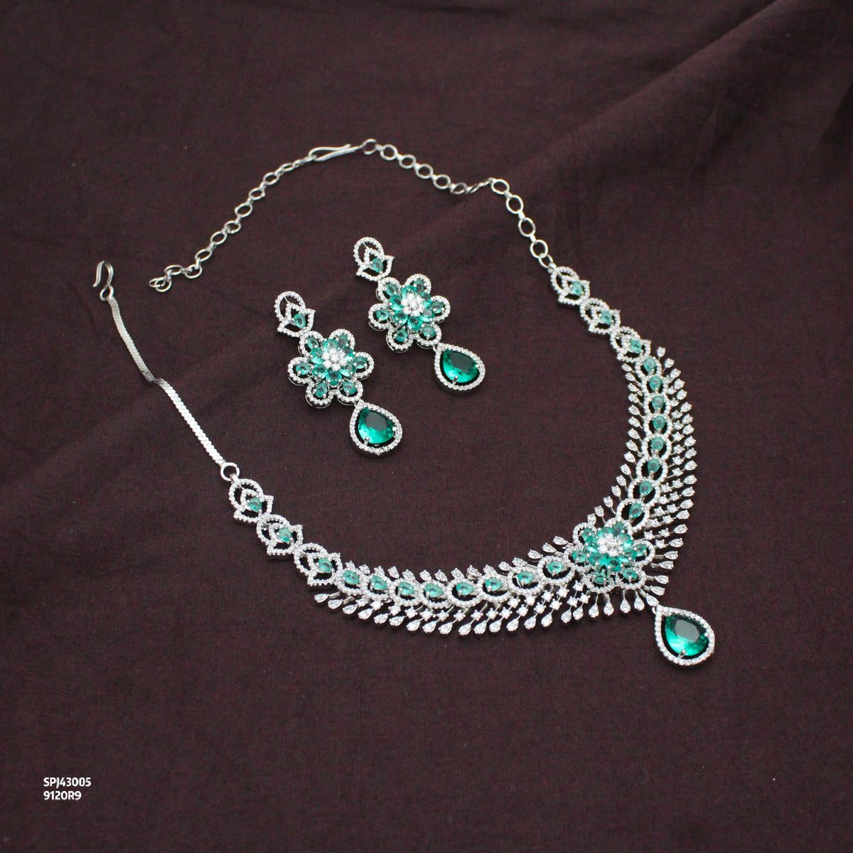 Elegant Platinum Floral Drop Stone Rama Green Fancy Short Necklace Set With Push Back Statement Earrings Party Wear Jewellery 43005