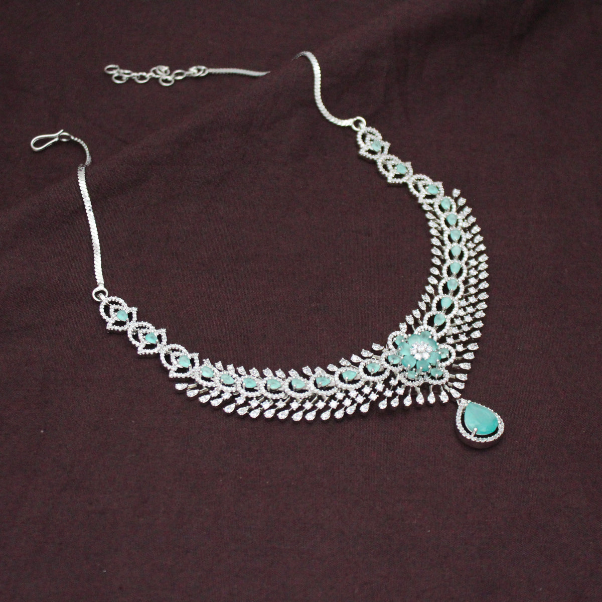 Elegant Platinum Floral Drop Stone Mint Green Fancy Short Necklace Set With Push Back Statement Earrings Party Wear Jewellery 43003