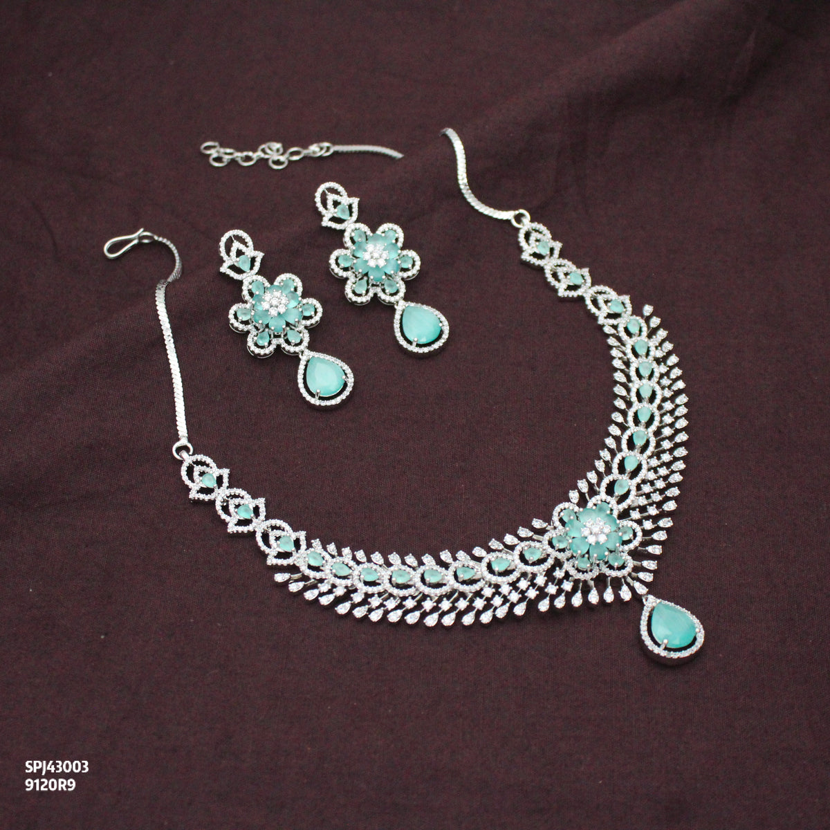 Elegant Platinum Floral Drop Stone Mint Green Fancy Short Necklace Set With Push Back Statement Earrings Party Wear Jewellery 43003