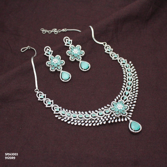 Elegant Platinum Floral Drop Stone Mint Green Fancy Short Necklace Set With Push Back Statement Earrings Party Wear Jewellery 43003