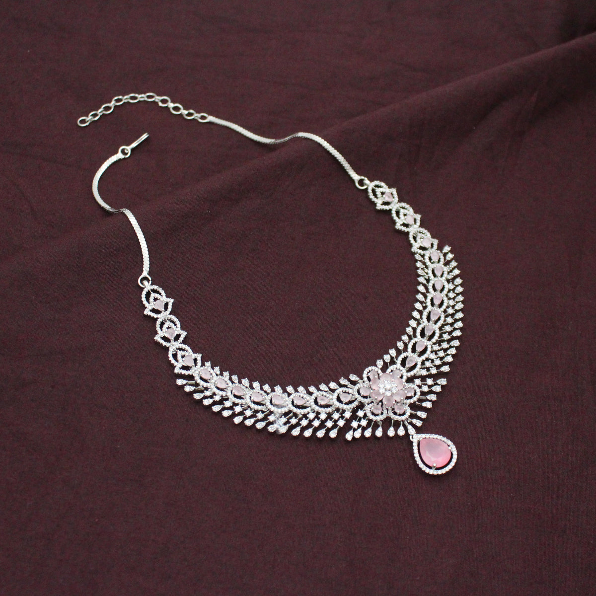 Elegant Platinum Floral Drop Stone Mint Pink Fancy Short Necklace Set With Push Back Statement Earrings Party Wear Jewellery 43002