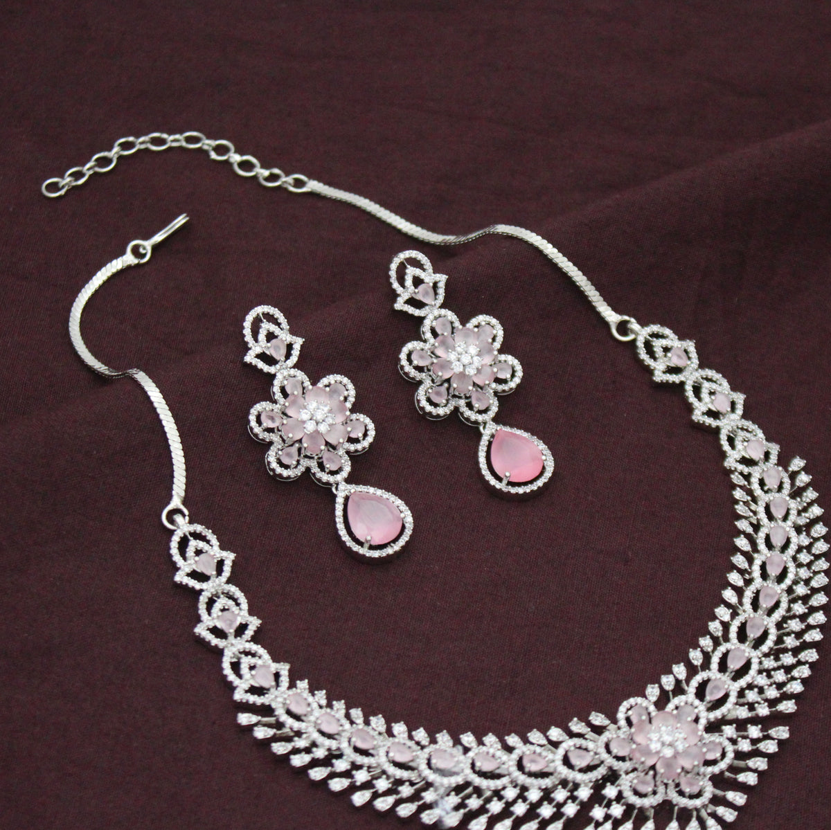 Elegant Platinum Floral Drop Stone Mint Pink Fancy Short Necklace Set With Push Back Statement Earrings Party Wear Jewellery 43002
