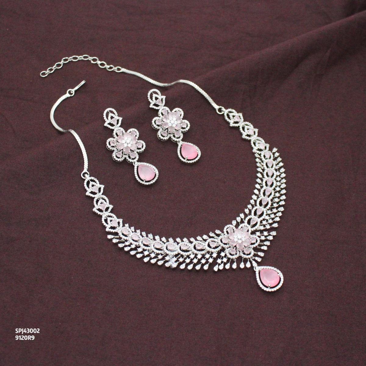 Elegant Platinum Floral Drop Stone Mint Pink Fancy Short Necklace Set With Push Back Statement Earrings Party Wear Jewellery 43002