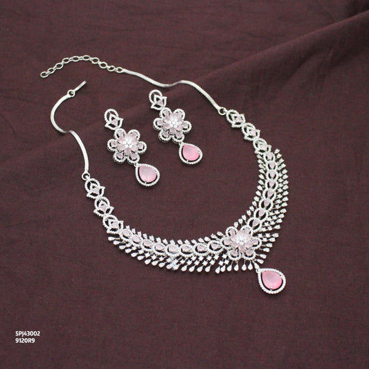 Elegant Platinum Floral Drop Stone Mint Pink Fancy Short Necklace Set With Push Back Statement Earrings Party Wear Jewellery 43002