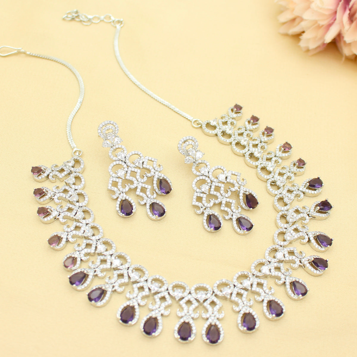 Platinum Party Wear Drop Pattern Purple Stones Short Necklace Set With Push Back Earrings 43012