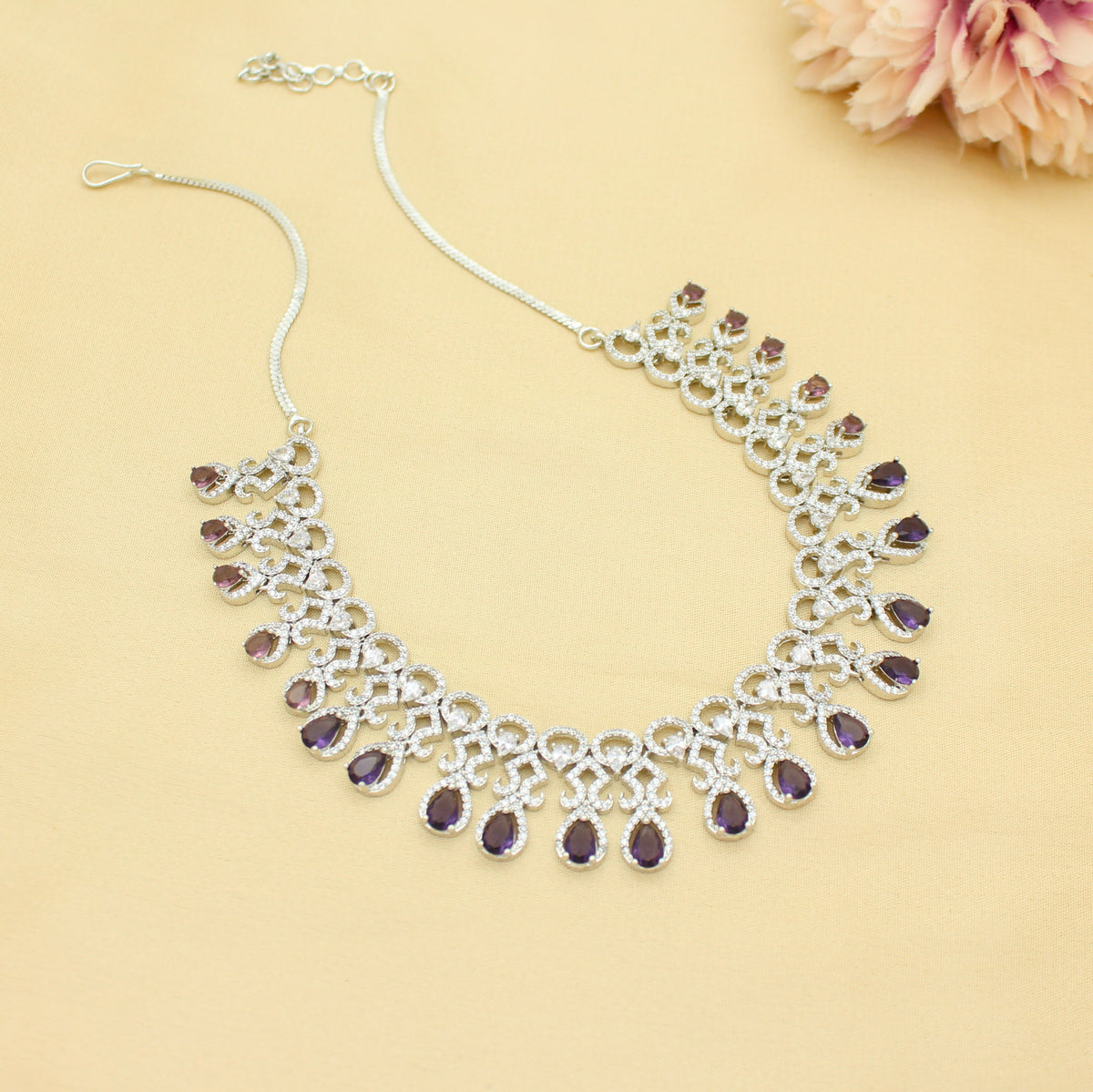 Platinum Party Wear Drop Pattern Purple Stones Short Necklace Set With Push Back Earrings 43012