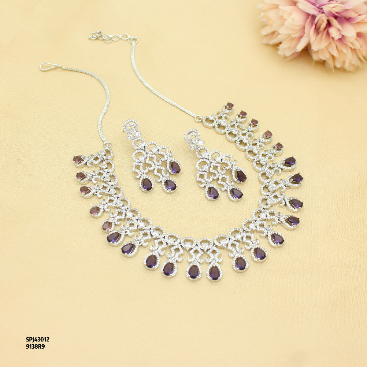 Platinum Party Wear Drop Pattern Purple Stones Short Necklace Set With Push Back Earrings 43012