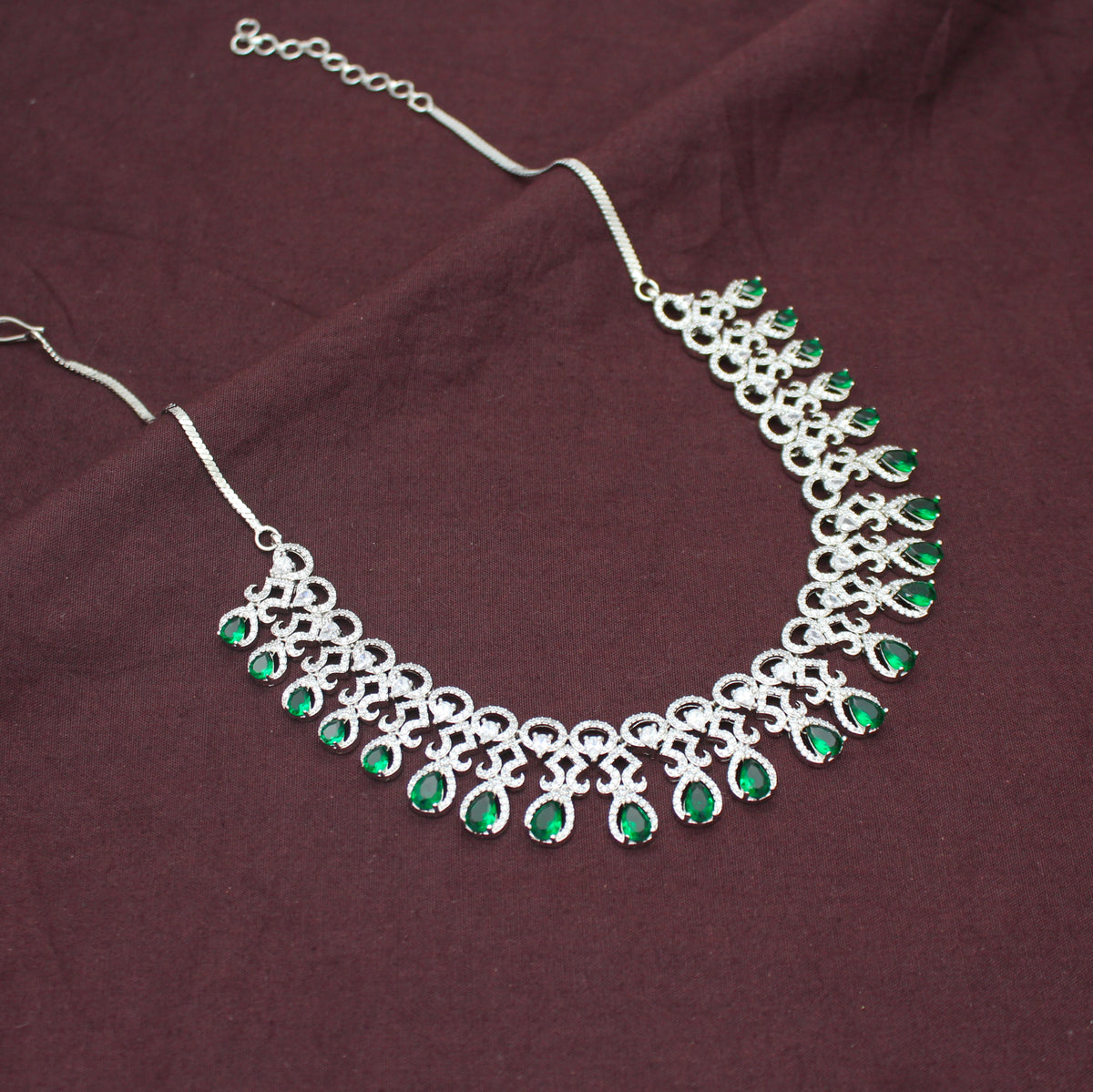 Platinum Party Wear Drop Pattern Emerald Green Stones Short Necklace Set With Push Back Earrings 43008