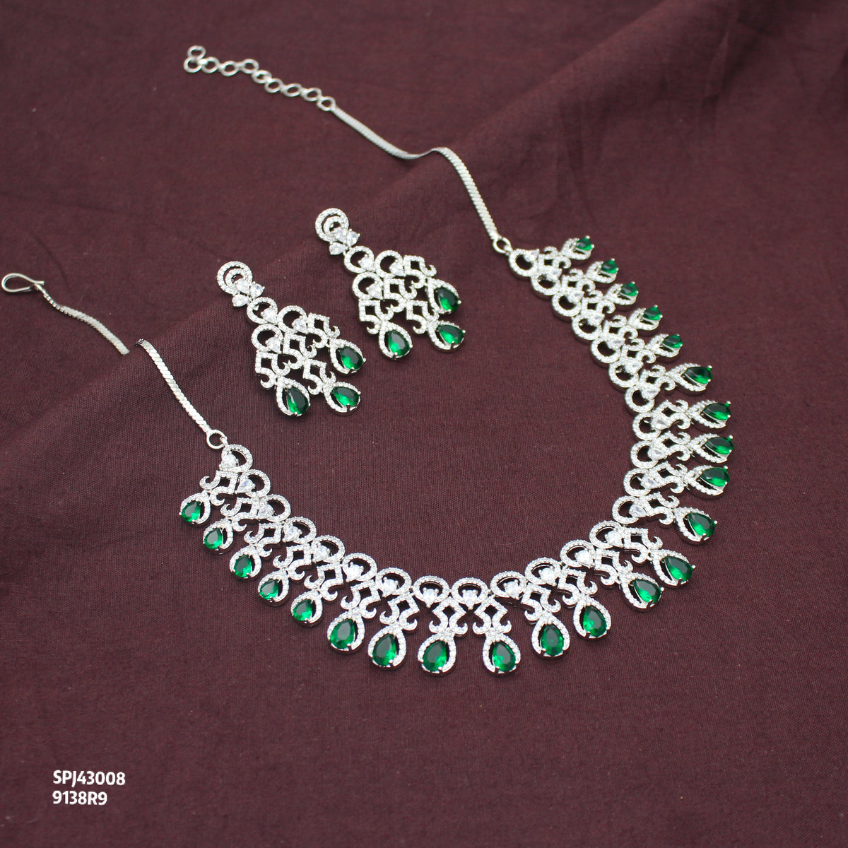 Platinum Party Wear Drop Pattern Emerald Green Stones Short Necklace Set With Push Back Earrings 43008