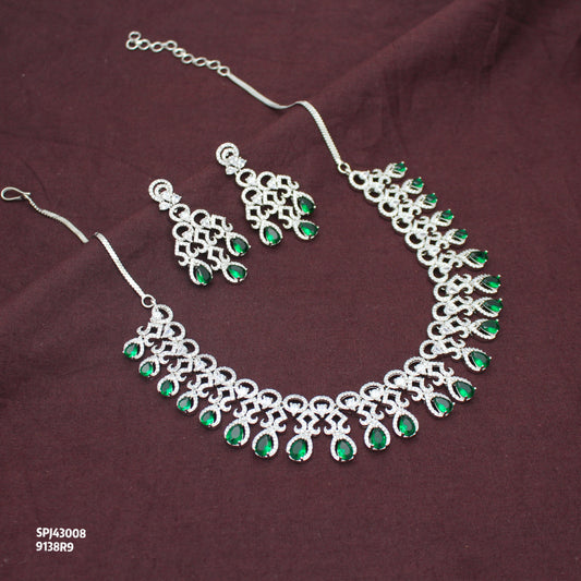 Platinum Party Wear Drop Pattern Emerald Green Stones Short Necklace Set With Push Back Earrings 43008