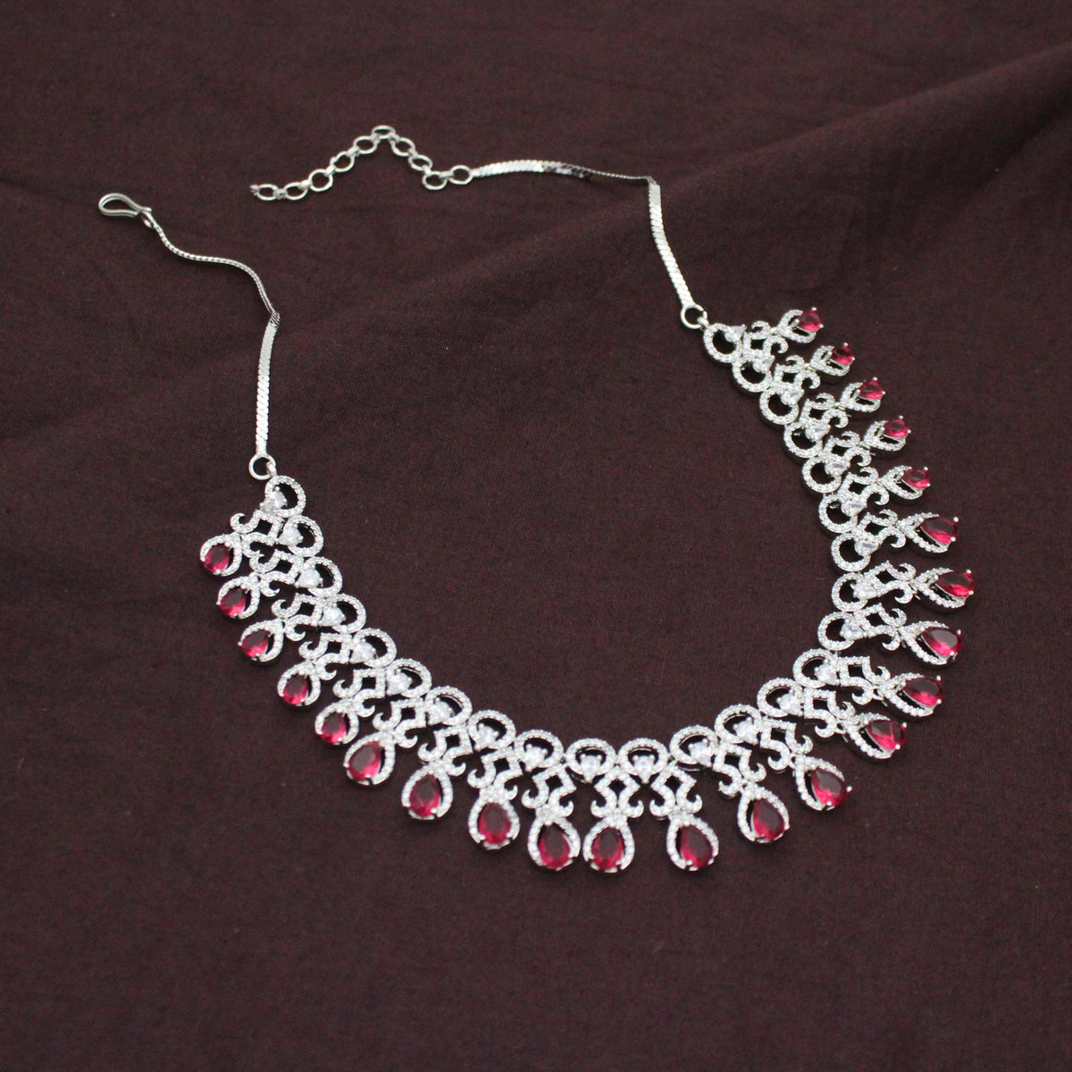 Platinum Party Wear Drop Pattern Red Stones Short Necklace Set With Push Back Earrings 43007