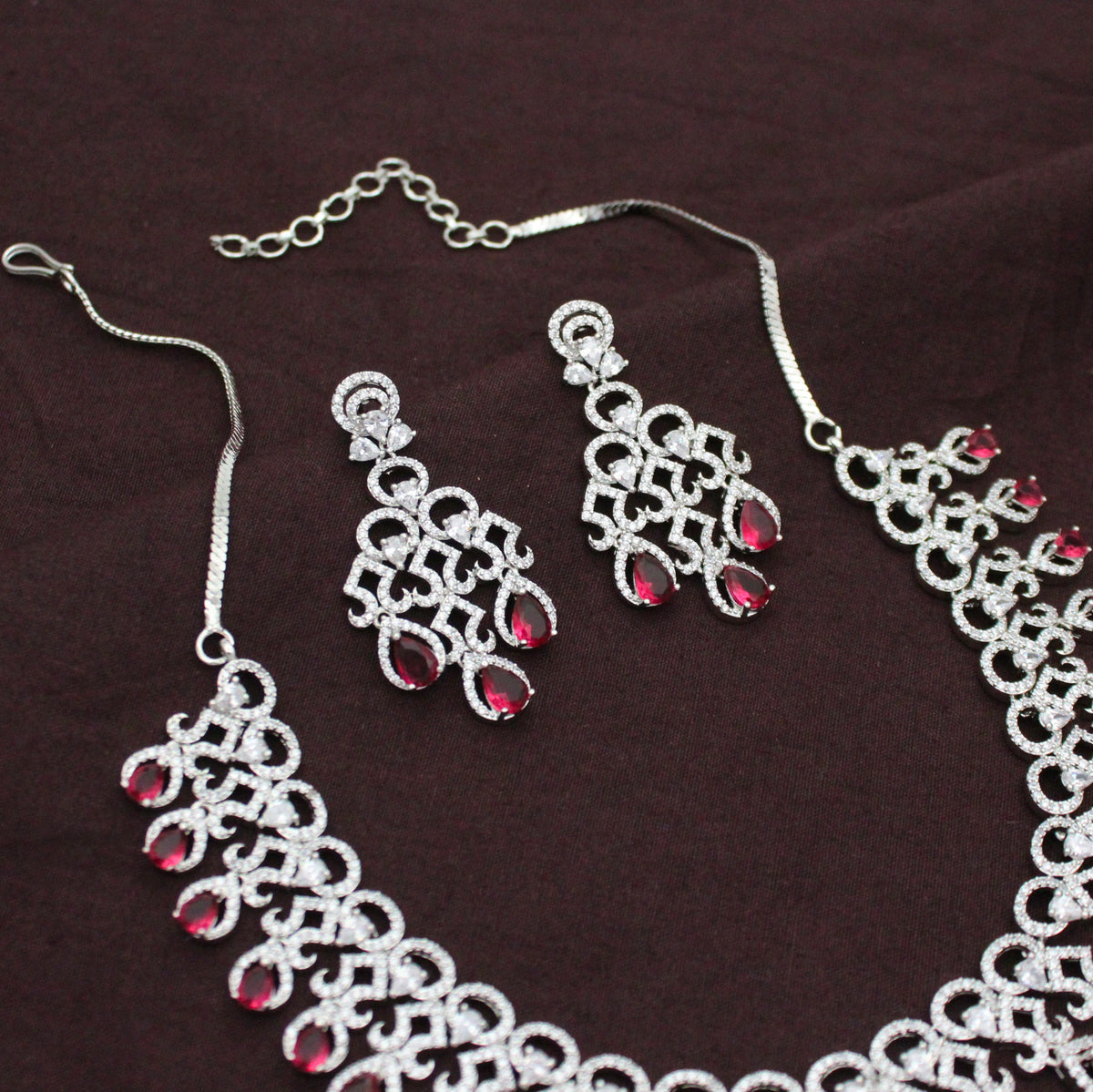 Platinum Party Wear Drop Pattern Red Stones Short Necklace Set With Push Back Earrings 43007