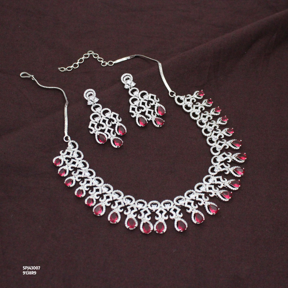 Platinum Party Wear Drop Pattern Red Stones Short Necklace Set With Push Back Earrings 43007
