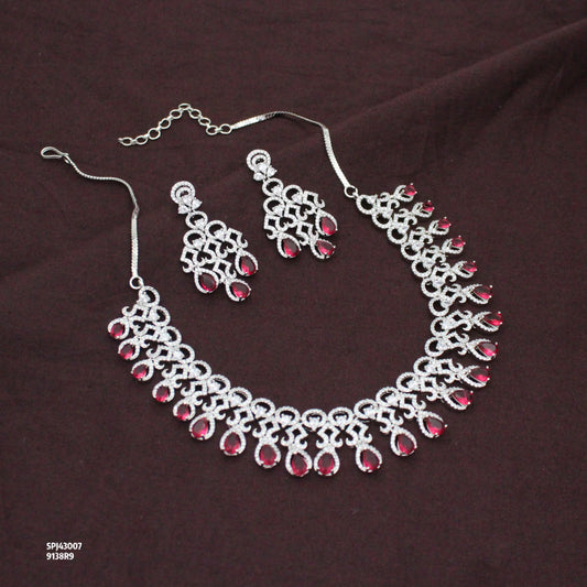 Platinum Party Wear Drop Pattern Red Stones Short Necklace Set With Push Back Earrings 43007