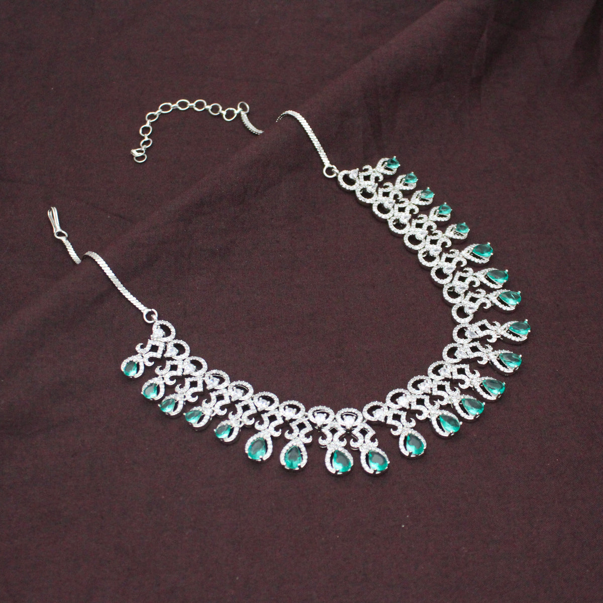 Platinum Party Wear Drop Pattern Rama Green Stones Short Necklace Set With Push Back Earrings 43013
