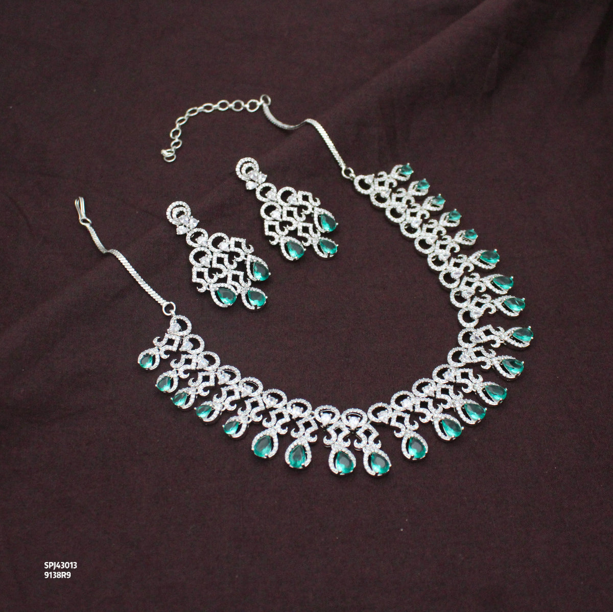 Platinum Party Wear Drop Pattern Rama Green Stones Short Necklace Set With Push Back Earrings 43013