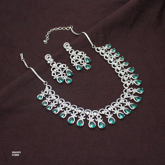 Platinum Party Wear Drop Pattern Rama Green Stones Short Necklace Set With Push Back Earrings 43013