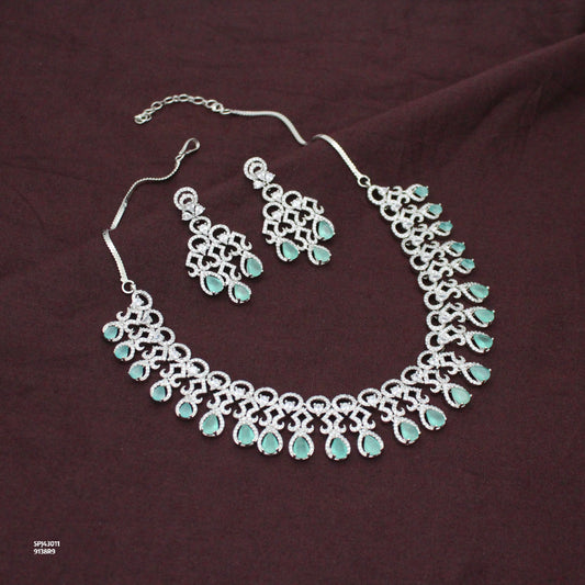 Platinum Party Wear Drop Pattern Mint Green Stones Short Necklace Set With Push Back Earrings 43011