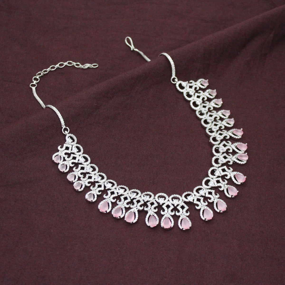 Platinum Party Wear Drop Pattern Mint Pink Stones Short Necklace Set With Push Back Earrings 43010