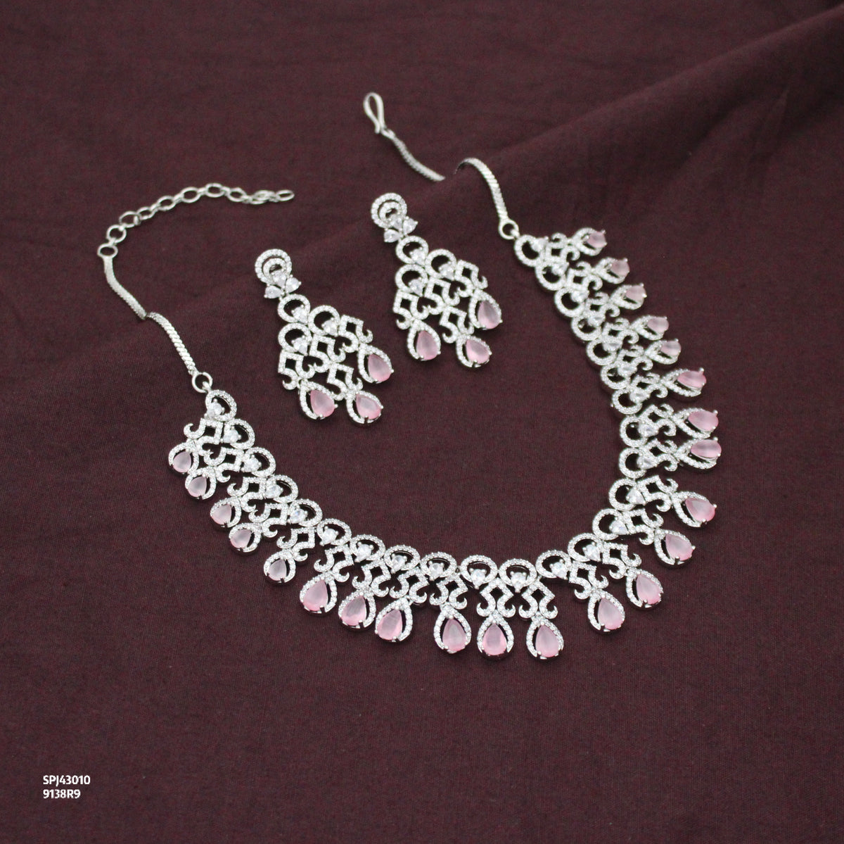 Platinum Party Wear Drop Pattern Mint Pink Stones Short Necklace Set With Push Back Earrings 43010