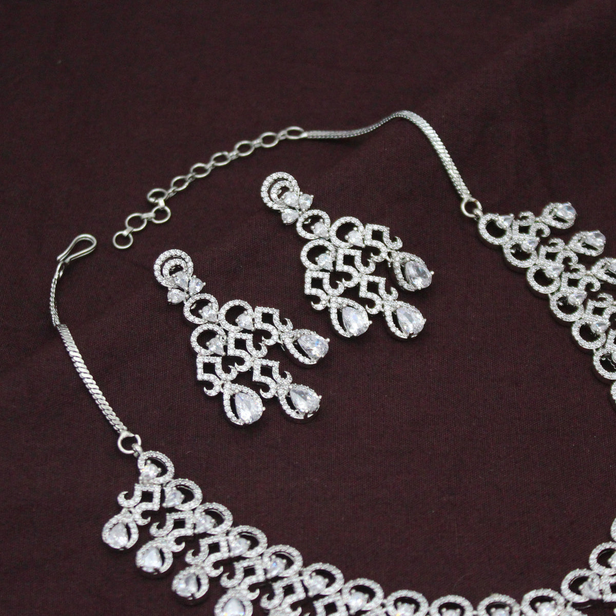 Platinum Party Wear Drop Pattern Full White Stones Short Necklace Set With Push Back Earrings 43009